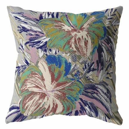PALACEDESIGNS 20 in. Lilac Green & Muted Purple Hibiscus Indoor & Outdoor Zippered Throw Pillow PA3093838